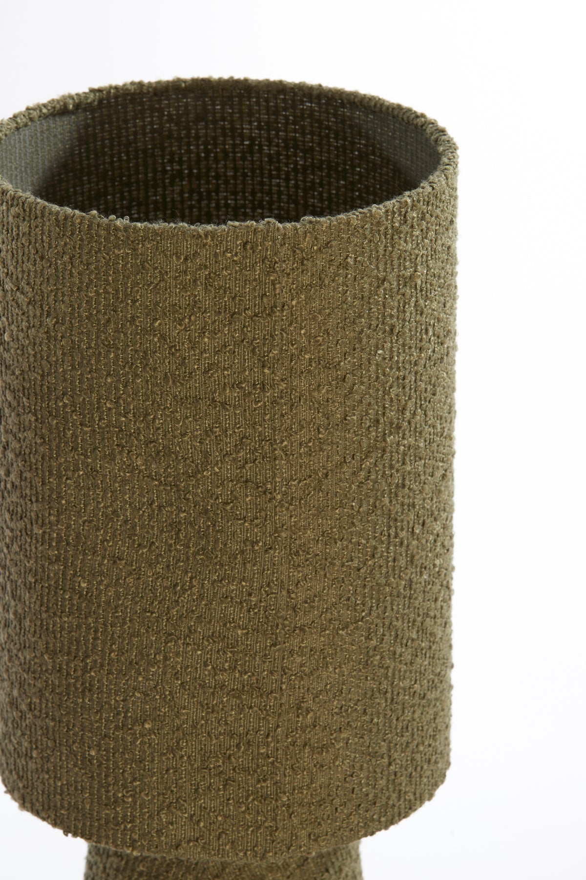 top view of olive green textured boucle lamp shade
