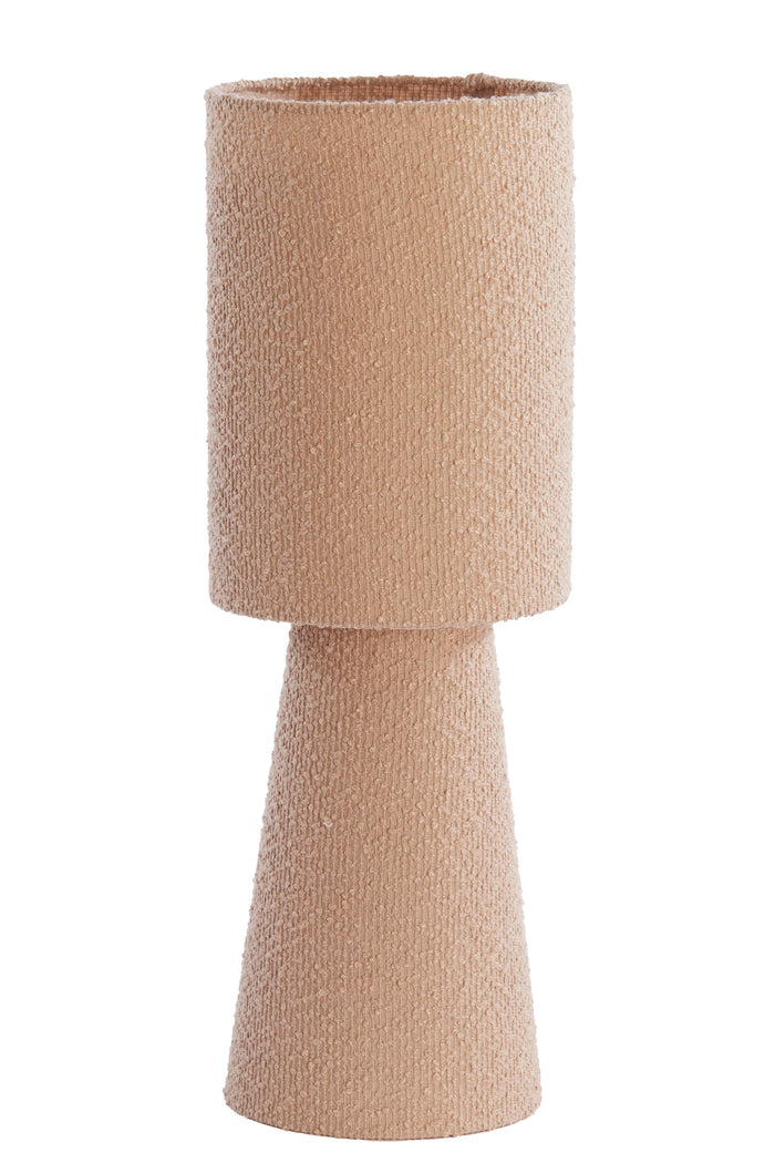 sand bouclé table lamp styled on side tables in warm living space
