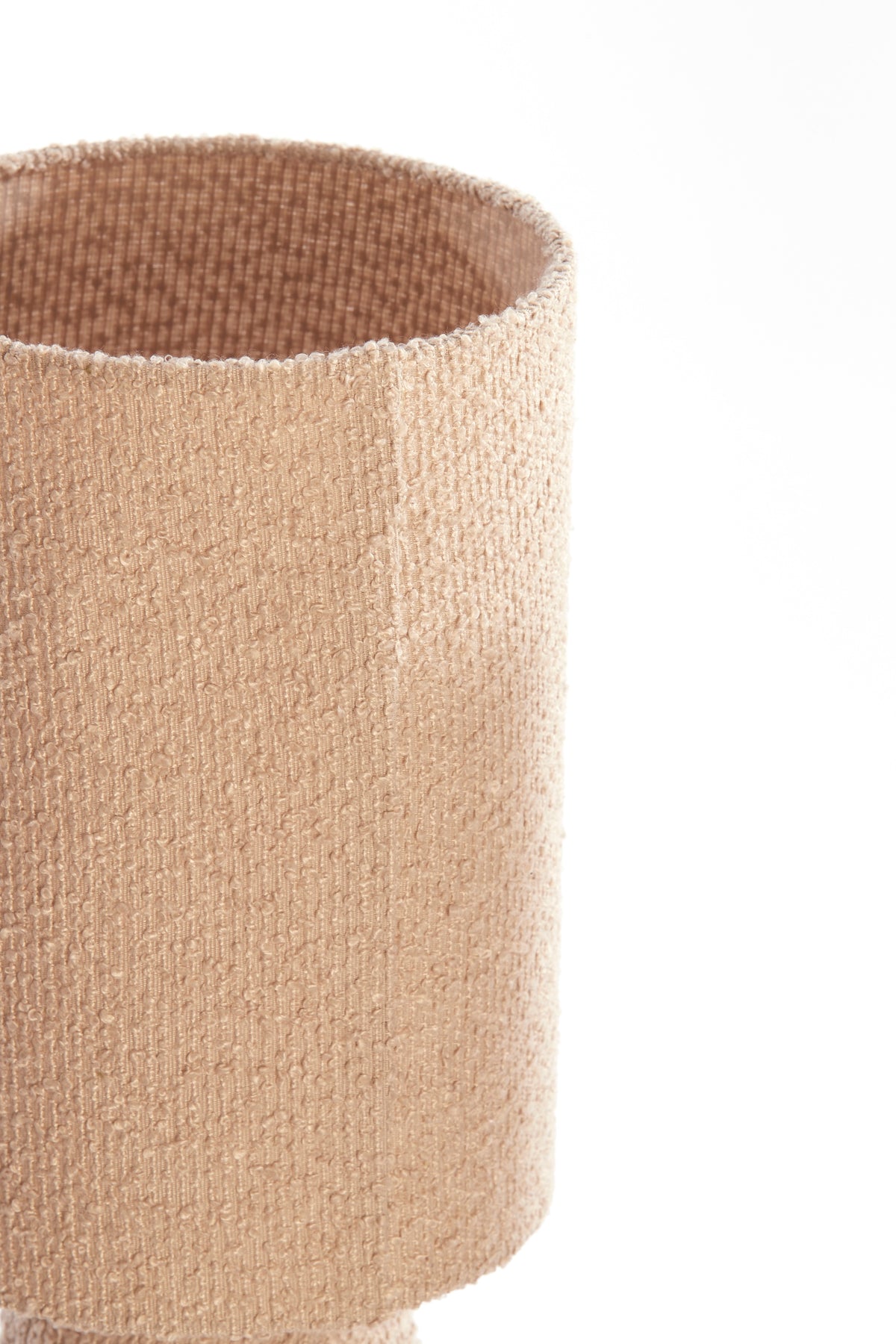 sand bouclé fabric lamp shade interior and rim detail
