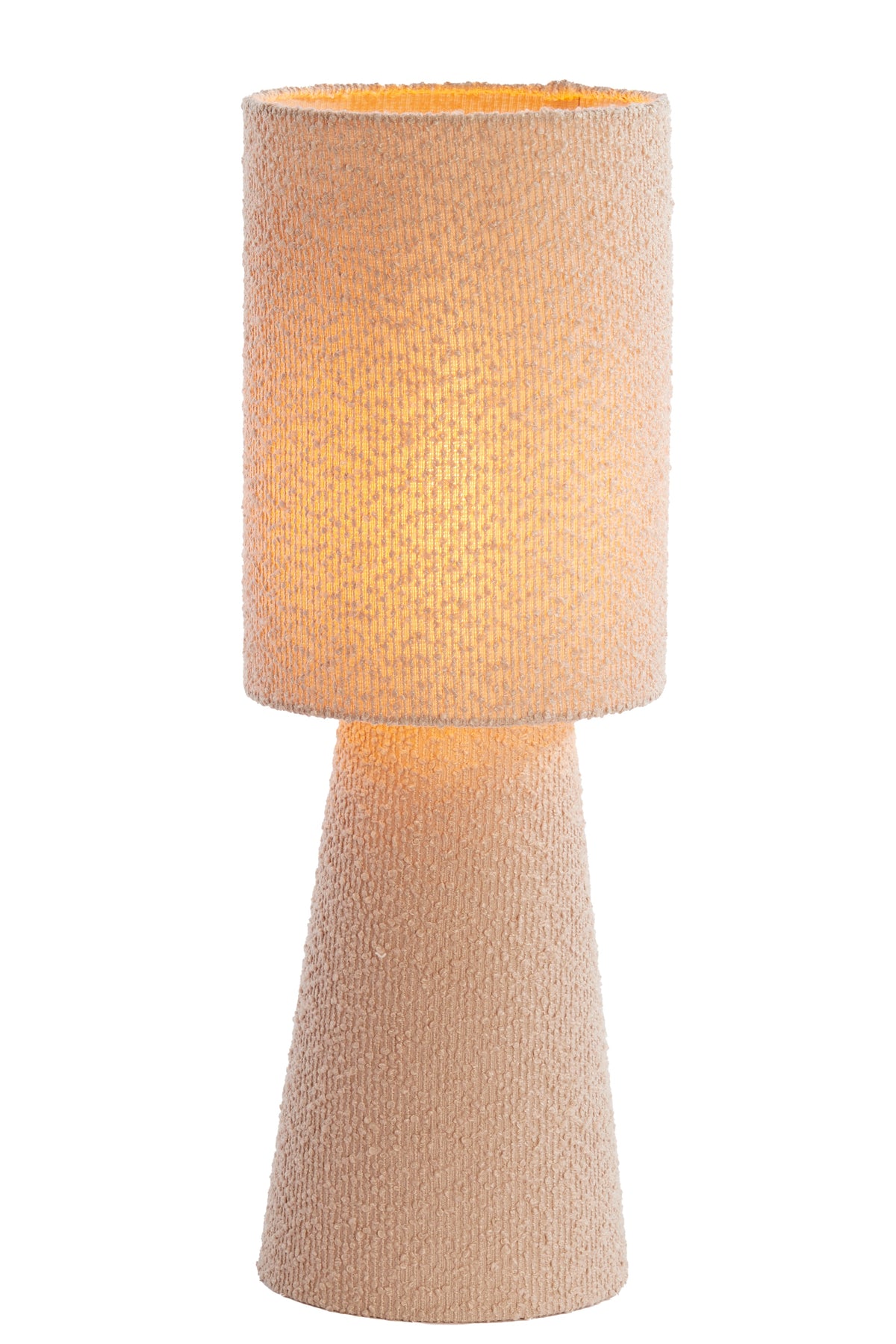 ]tall sand bouclé table lamp with textured shade and base
