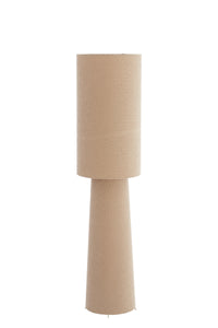 Beige floor lamp with a cylindrical design on a white background