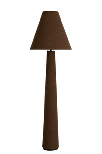 Studio shot of the DEVIA brown bouclé floor lamp showing full height and shape.
