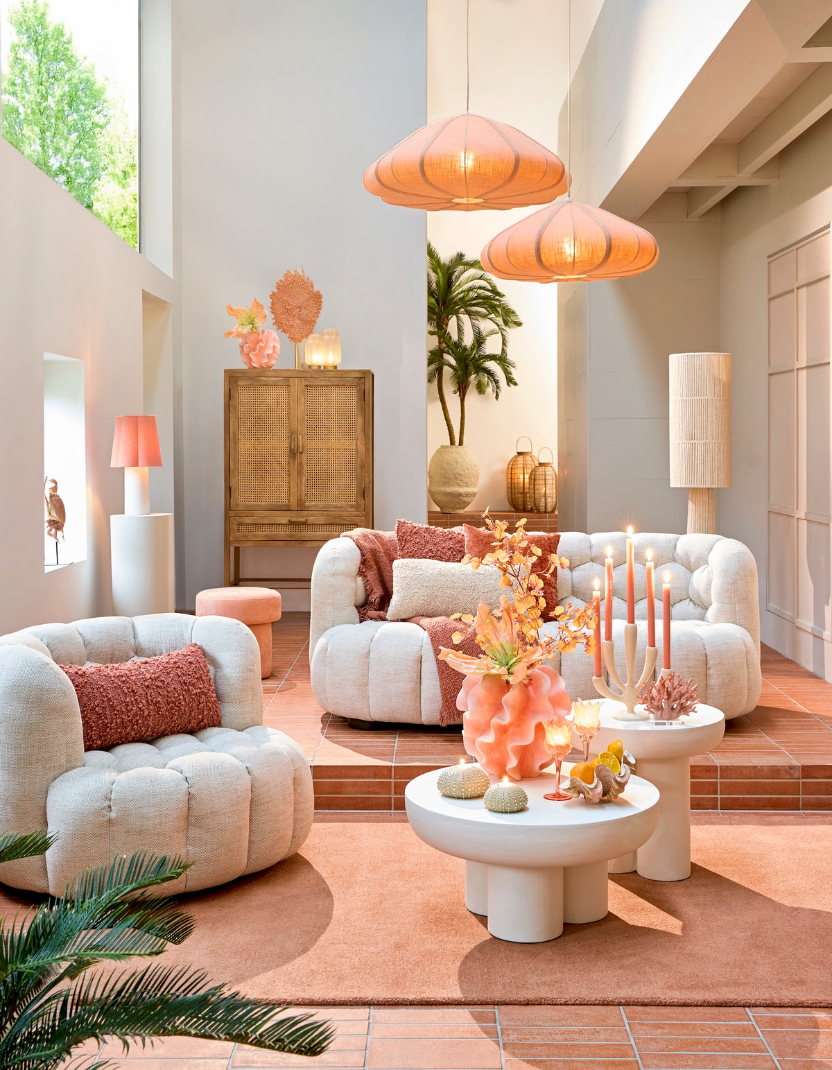 pink table lamp styled in a modern living room with pastel accents
