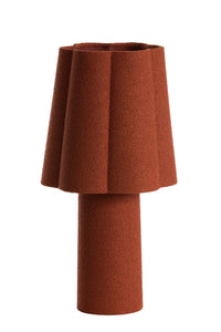 orange textured mushroom-shaped table lamp with boucle-style fabric
