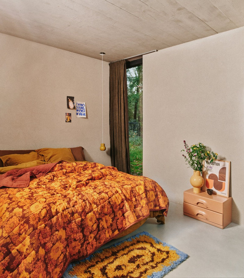 Quilted Bedspread, Floral, Orange Red, hkliving