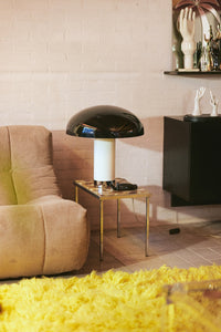 HKLIVING monochrome lounge table lamp styled on a side table beside a mustard corduroy sofa, with ceramic hand ornaments on a shelf