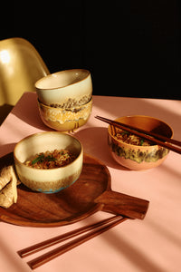 HKLIVING 70s ceramics noodle bowls on a pink table with a wooden board and chopsticks