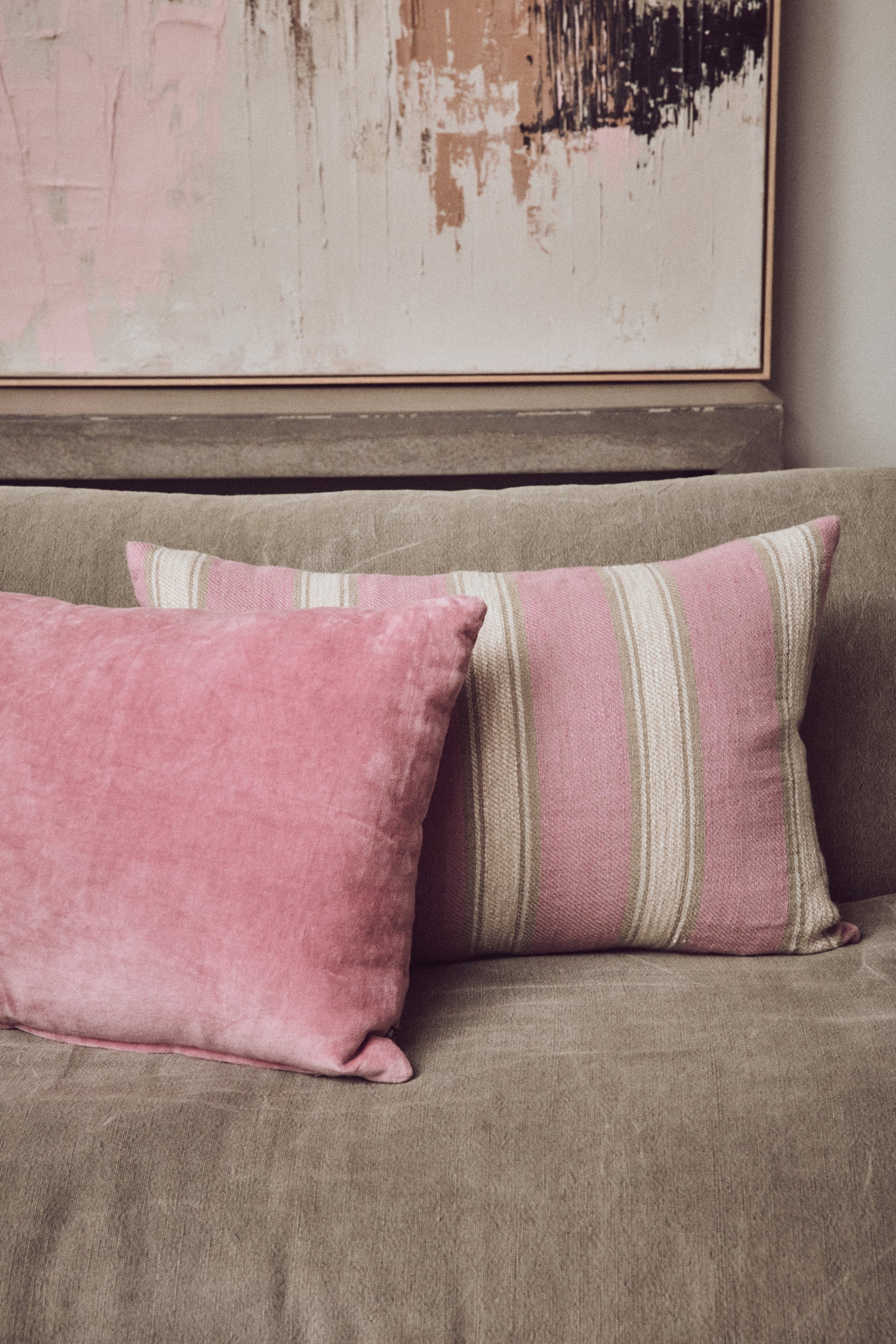 HKLIVING woven striped cushion in blush, side view showing cushion thickness and soft linen texture

