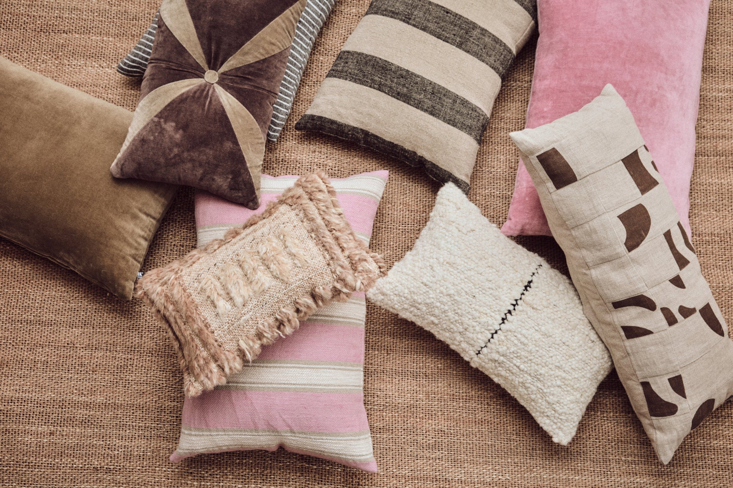 HKLIVING woven striped cushion blush, detail shot highlighting the blush stripe and tactile weave
