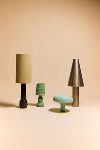 HKLIVING metal cone table lamp styled alongside a linen shade floor lamp, a green ceramic lamp and a green mushroom lamp