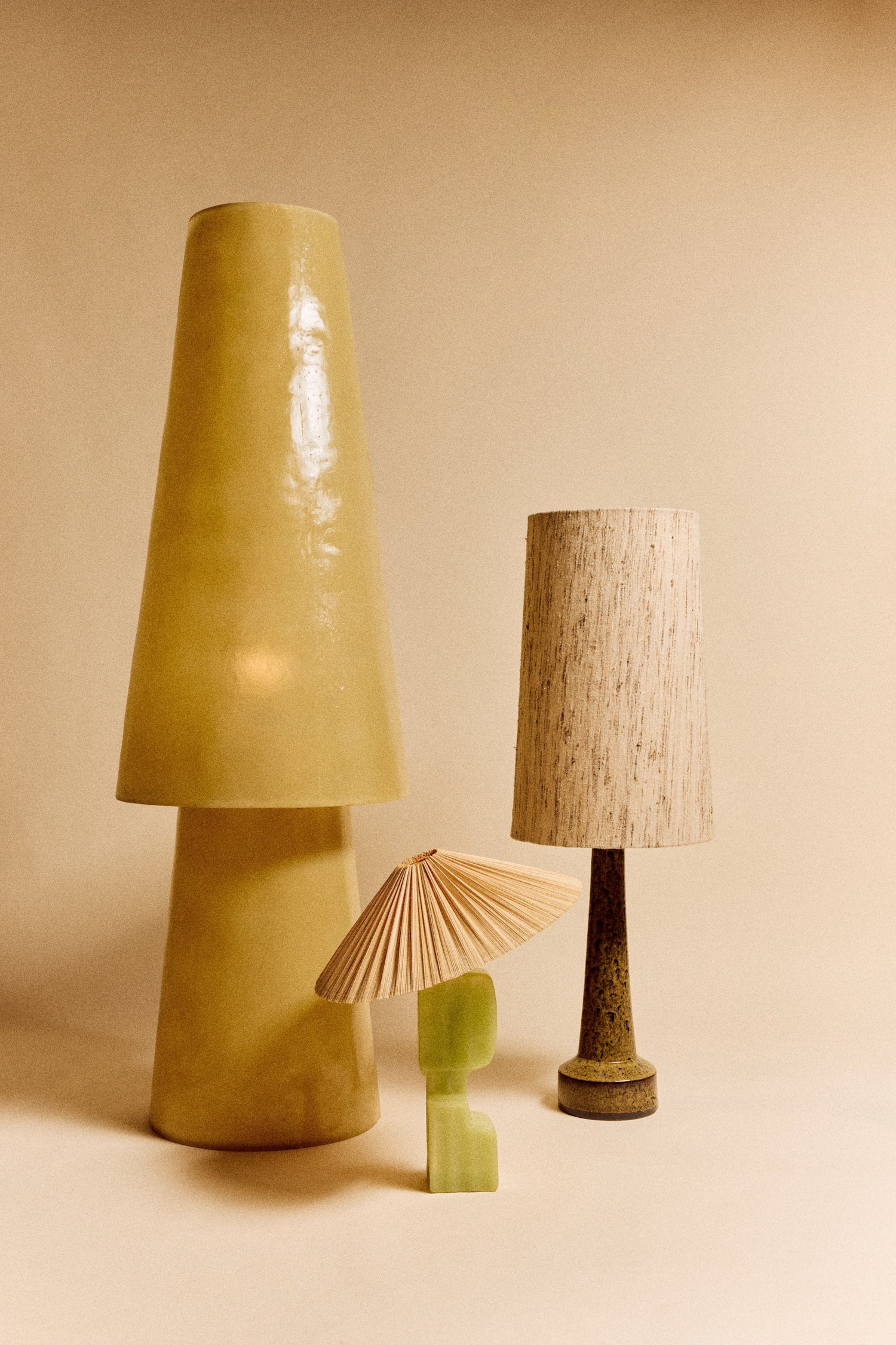 HKLIVING Glassfibre Floor Lamp in Soft Green styled alongside other lamps on a warm neutral background