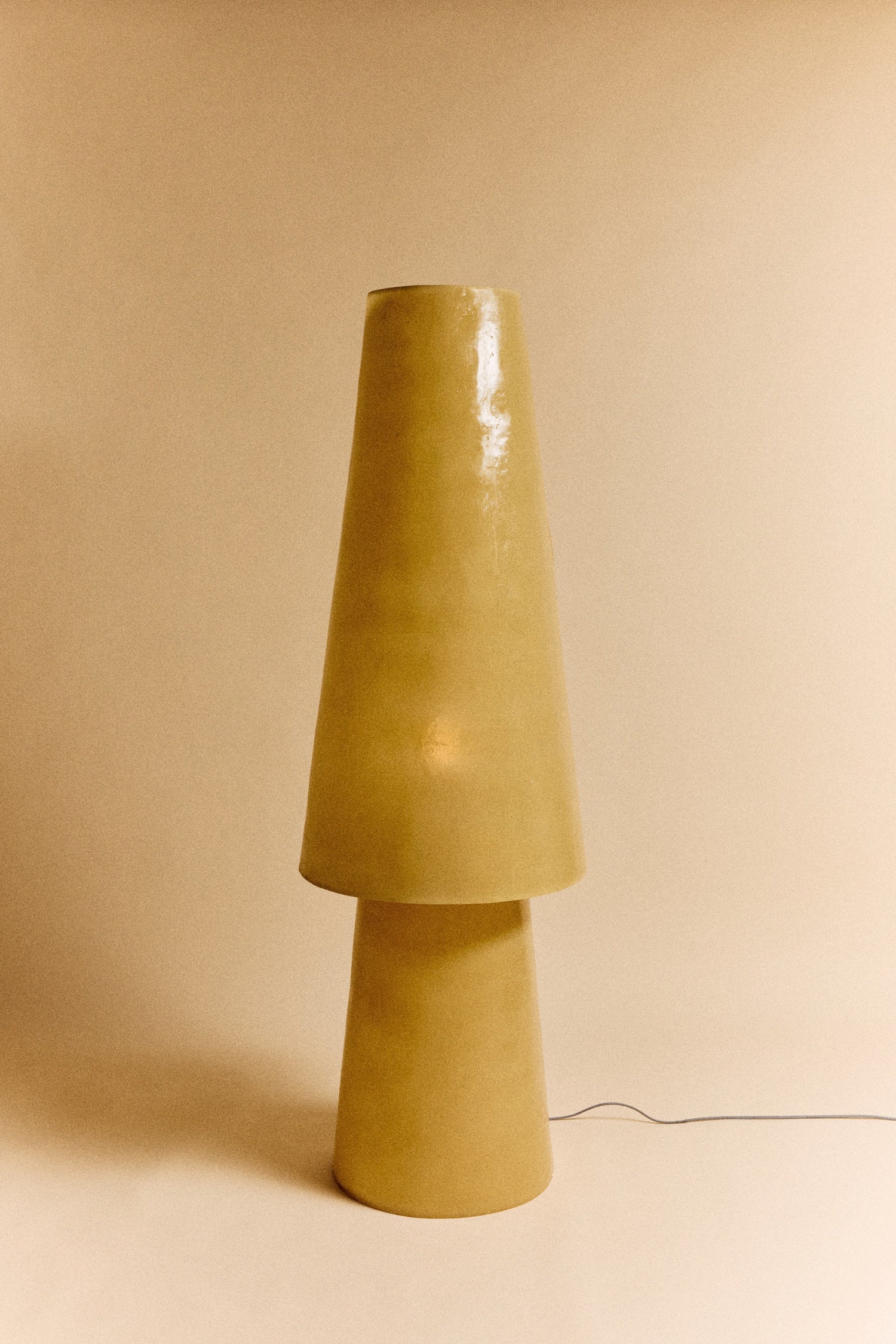 HKLIVING Glassfibre Floor Lamp in Soft Green on warm neutral background showing full stacked conical silhouette unlit