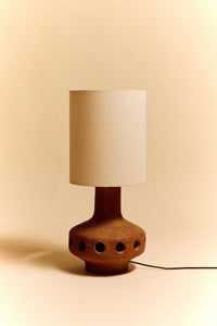 HKLIVING natural linen cylinder lamp shade fitted on a maroon speckled ceramic lamp base
