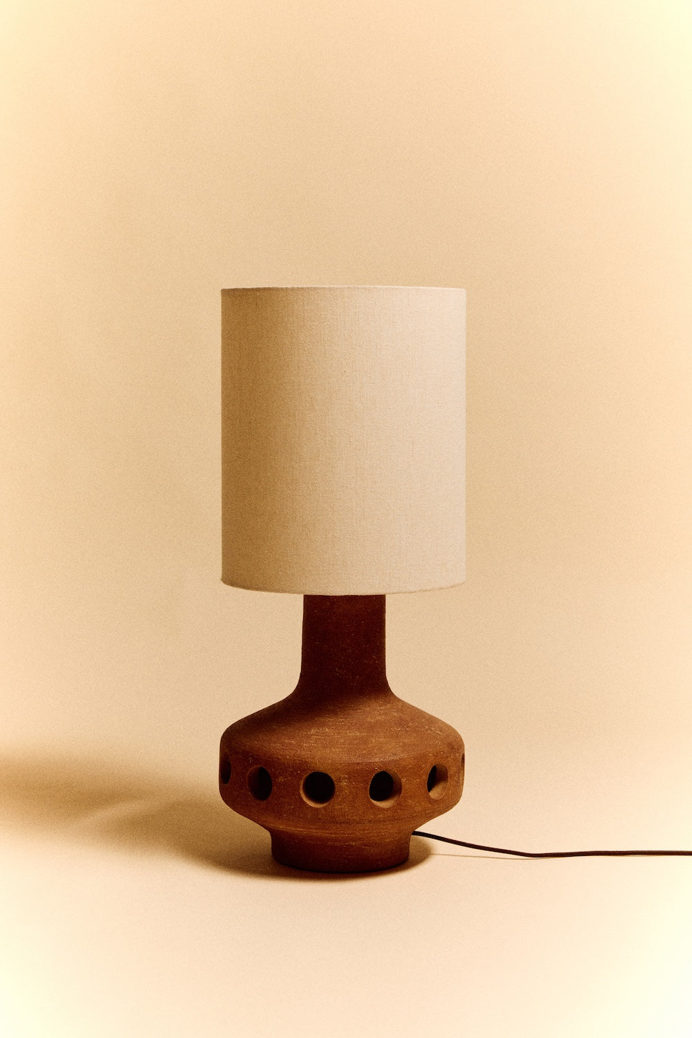 HKLIVING natural linen cylinder lamp shade fitted on a maroon speckled ceramic lamp base