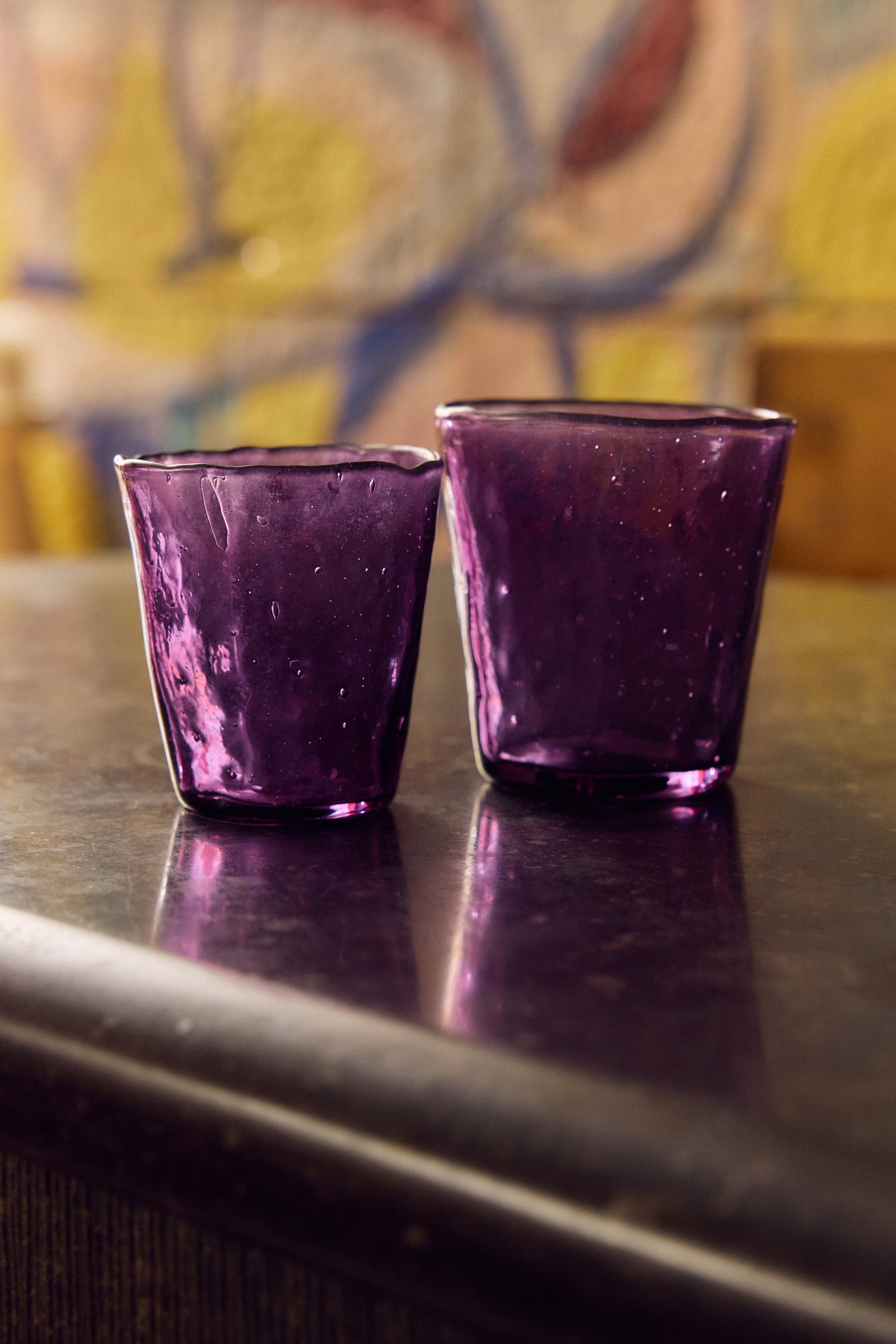 Violet farmhouse water glasses in a styled interior