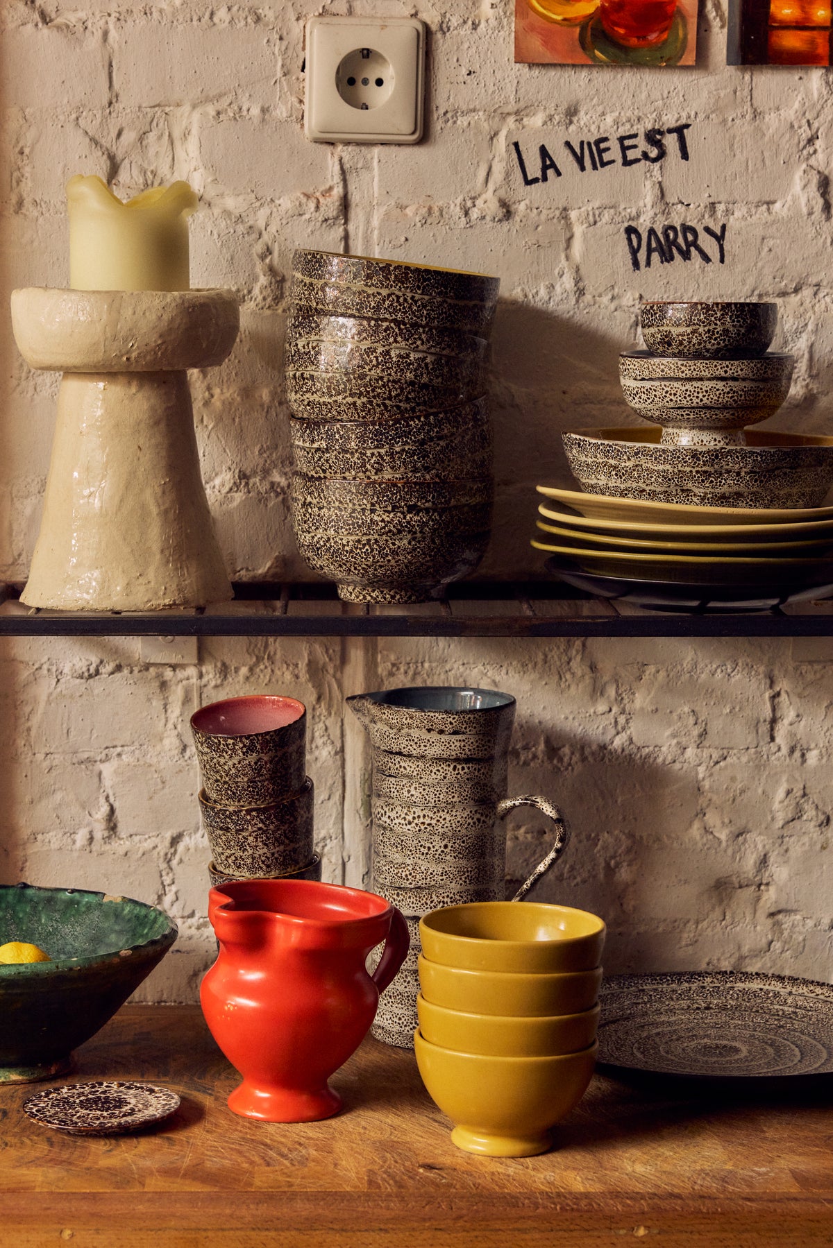 HKLIVING Farmhouse Ceramics small jug in red styled on an open kitchen shelf alongside patterned bowls, plates and a stoneware candle holder