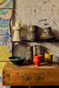 70s Ceramics Pasta Bowls in Brew displayed on open shelving alongside mustard plates and other 70s Ceramics pieces
