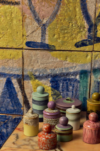 70s Ceramics storage jar collection styled together showing colour range