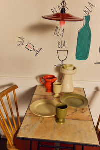 HKLIVING Farmhouse Ceramics small jug in red styled on a marble-topped table with a matching goblet, candle holder and stoneware plates
