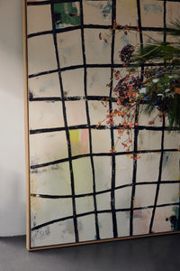 Close-up styling detail of Wired framed canvas wall art by HKLIVING with foliage and dried flowers