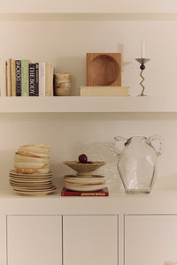 HKLIVING teak cube bowl displayed on a shelf alongside books, a candlestick and ceramic bowls