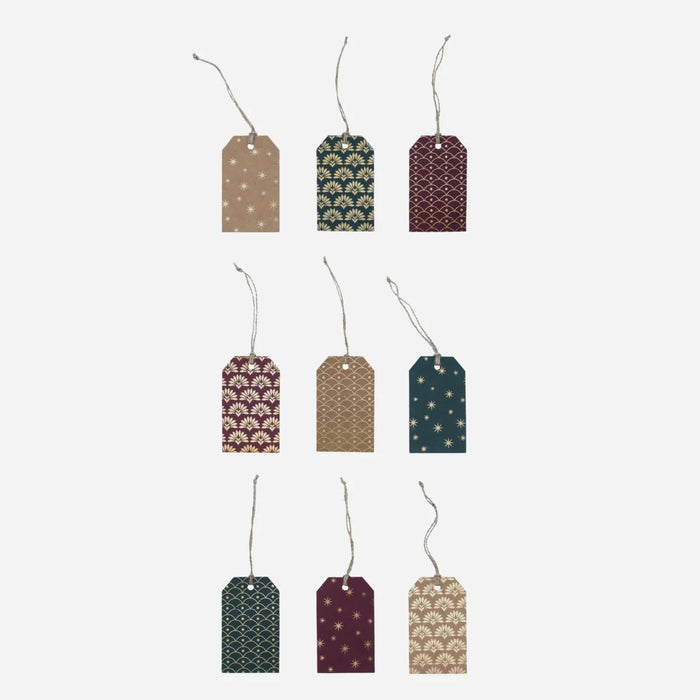 Pack of 9 Gift Tags with Strings, Golden Green Burgundy, from House Doctor