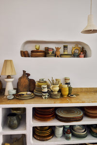 Kitchen shelves stacked with HKLIVING Chef Ceramics and other tableware