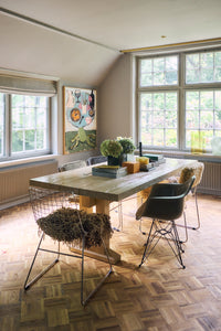 HKLIVING Wire Chair Comfort Kit shaggy cushions on Wire Chairs around a dining table set with books and flowers