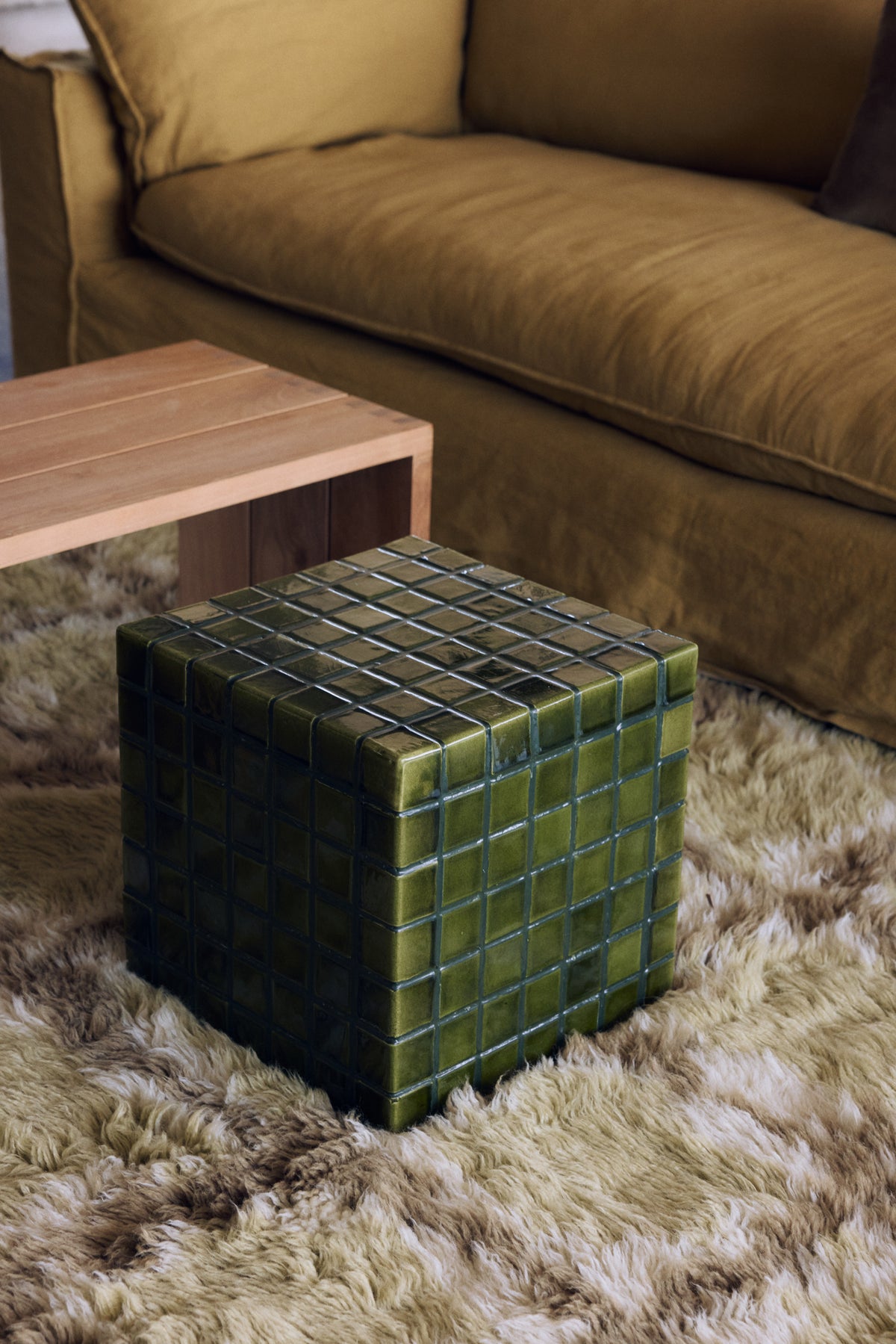 Tiled Side Table in Moss by HKLIVING – styled in a living room setting