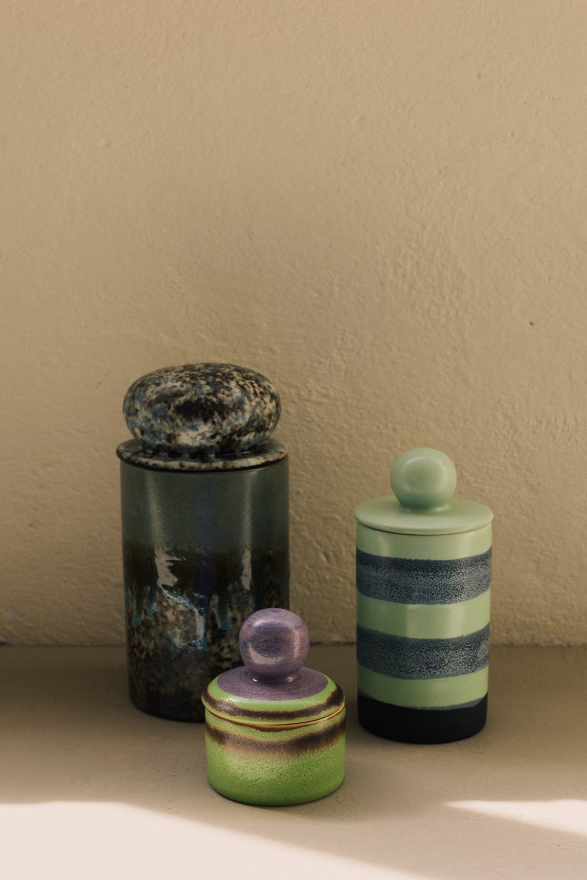 70s Ceramics Medium Storage Jar in River by HKLIVING styled on a kitchen shelf