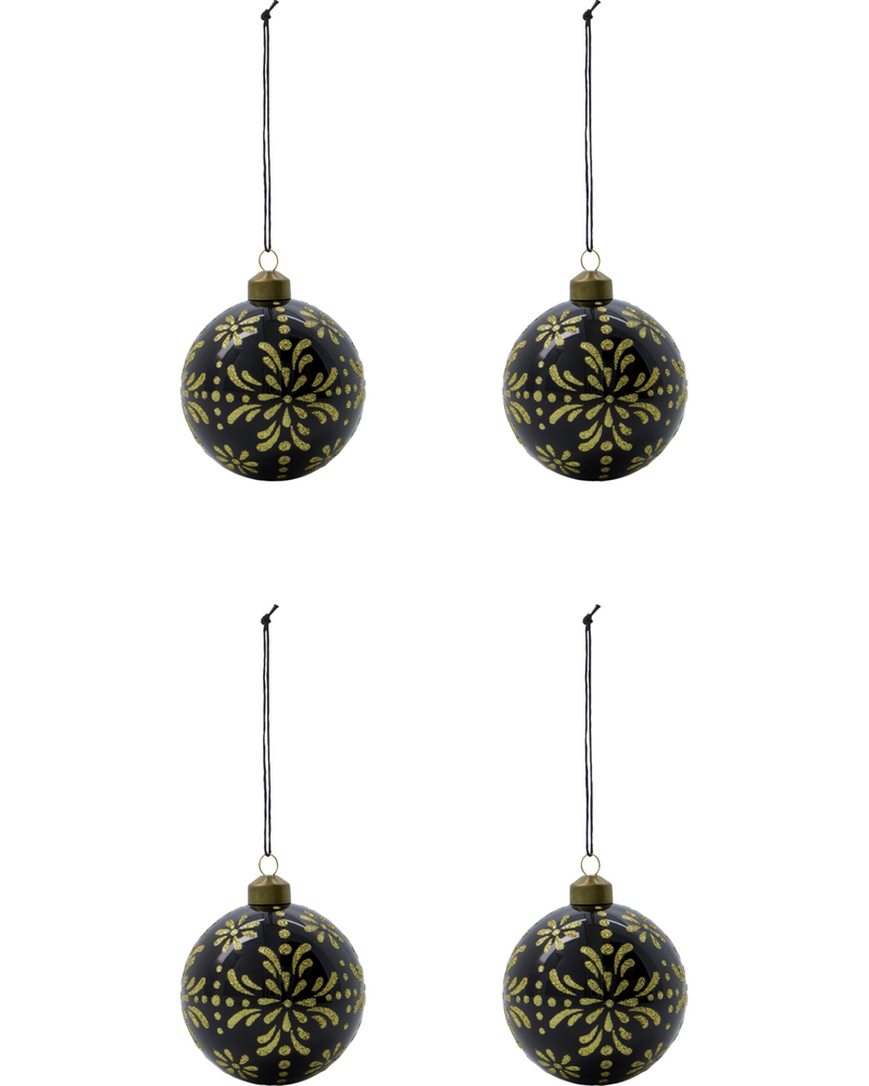 Set of 4 Black & Gold Ornament, Handmade Glass Tree Bauble from House Doctor