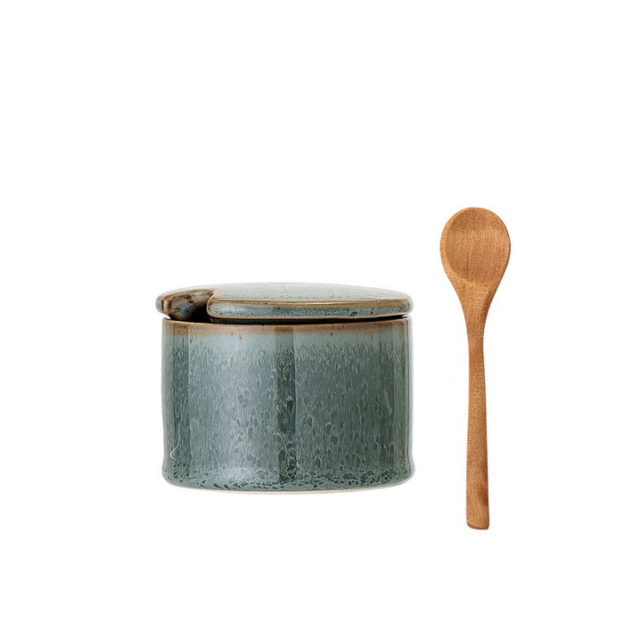 green pixie stoneware jar with acacia spoon and reactive glaze