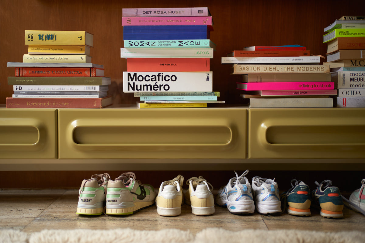 Lifestyle shot of the Space Lowboard in Sage-Cream by HKLIVING styled in a living space