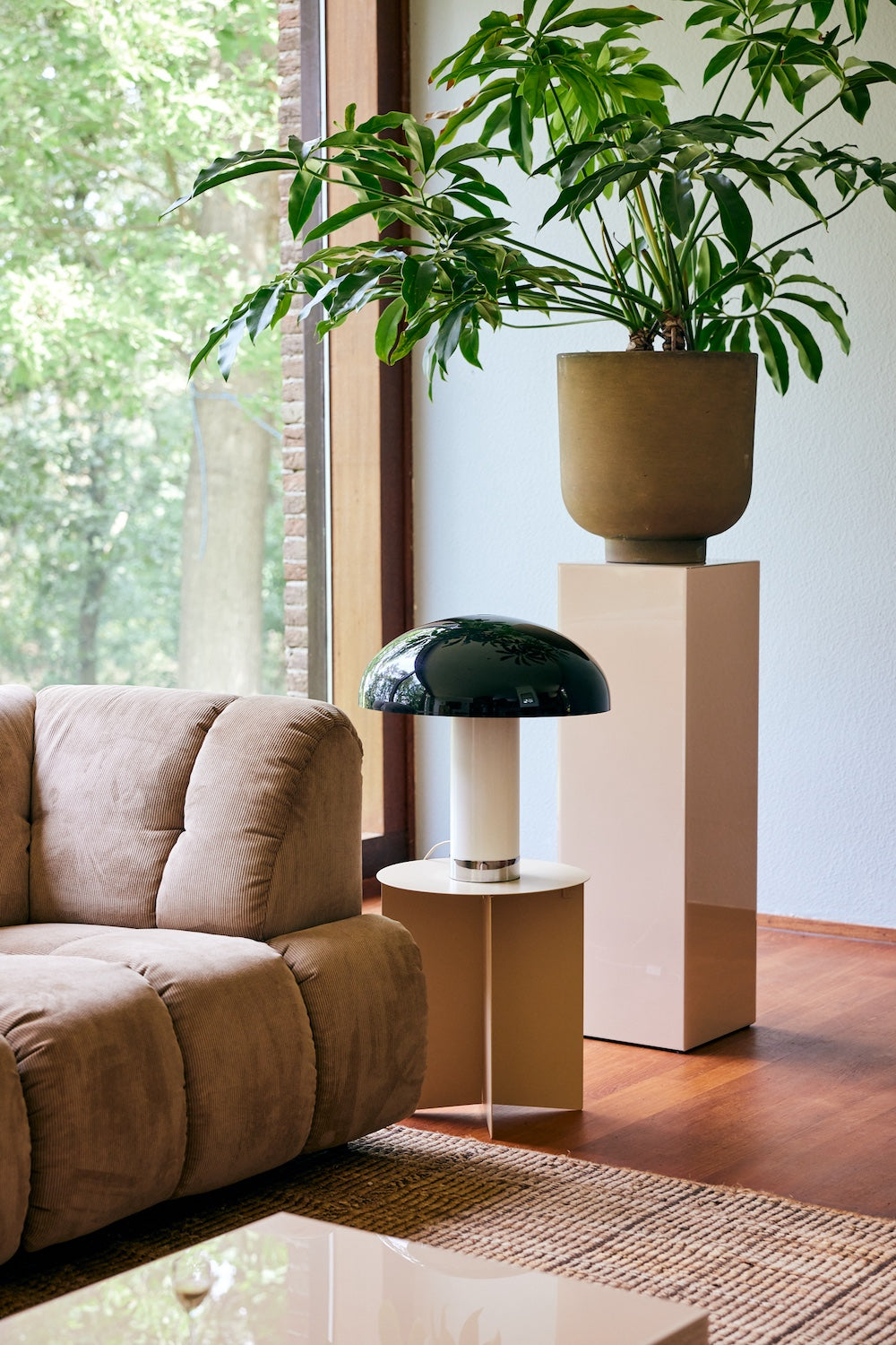 HKLIVING monochrome lounge table lamp beside a beige corduroy sofa and potted plant, in front of a garden window
