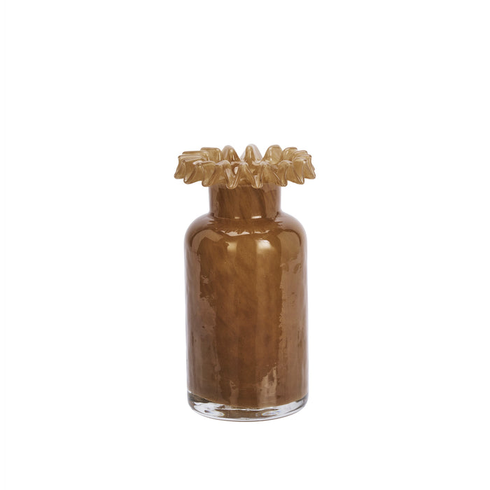 cutout photo of caramel ruffle-edge glass vase for shelf or table styling
