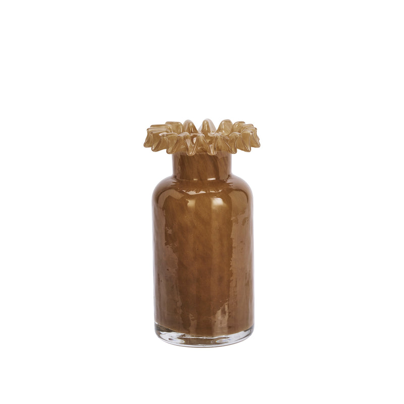 cutout photo of caramel ruffle-edge glass vase for shelf or table styling
