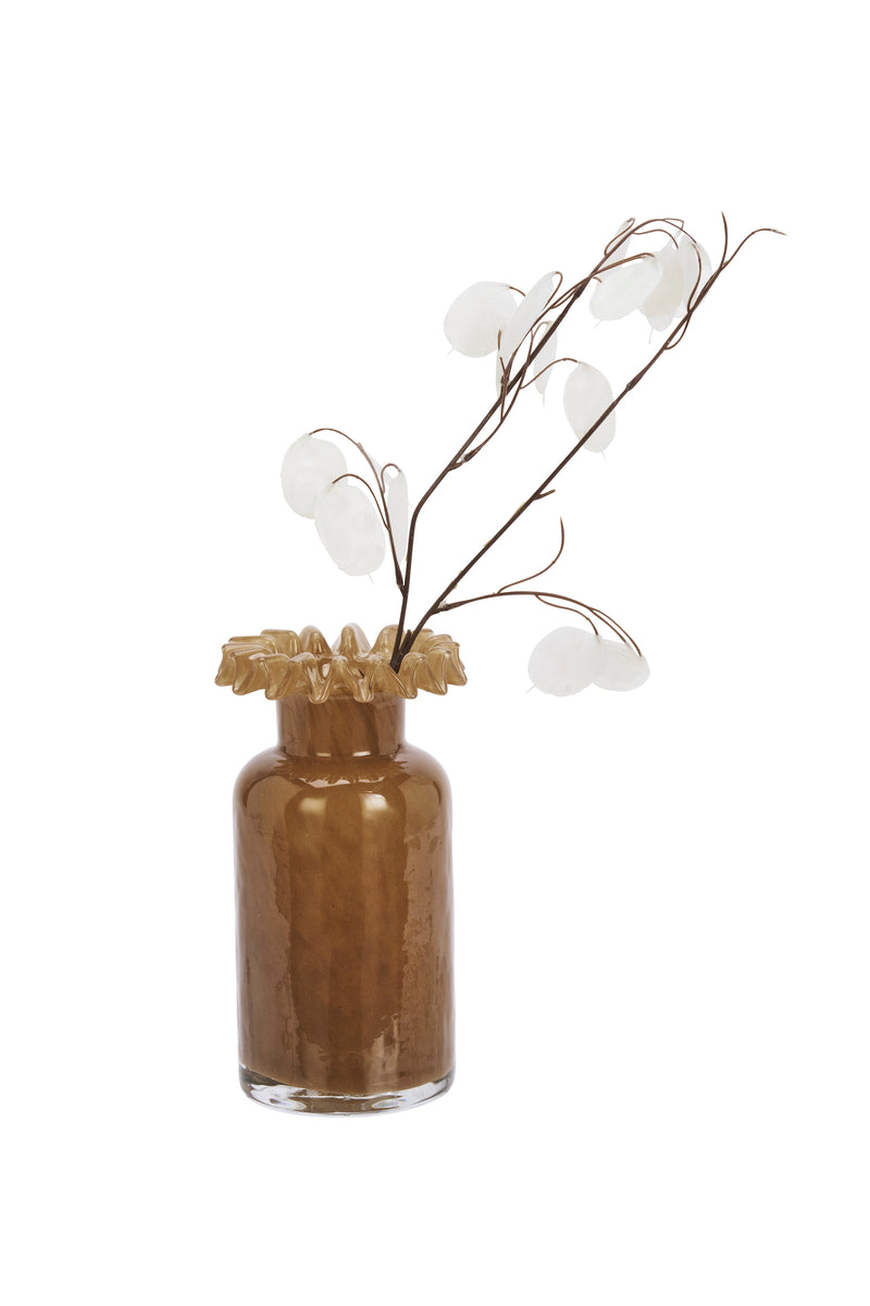 caramel ruffle-edge glass vase with white stems styled for warm home décor
