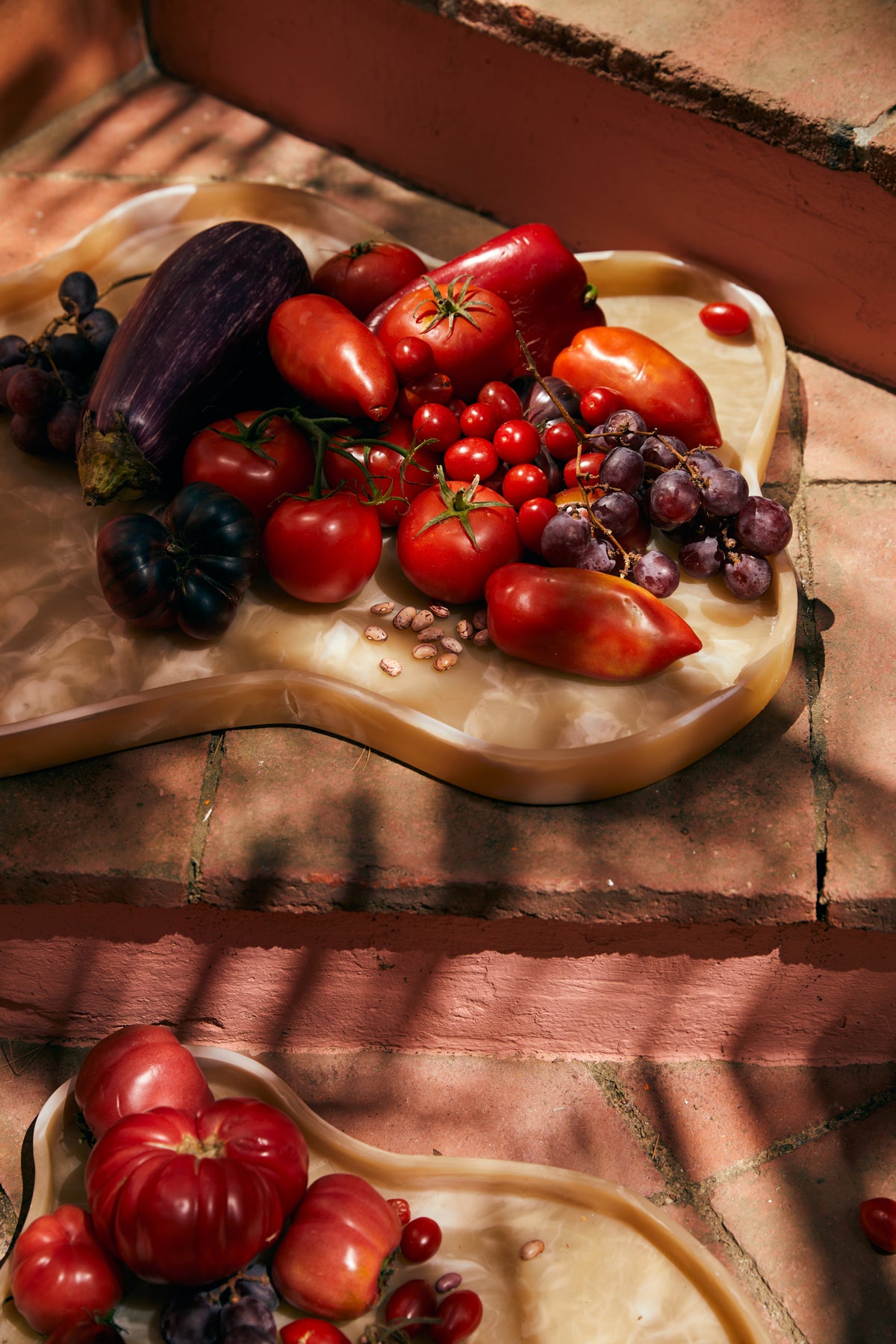 HKLIVING Patio trays with fresh fruit and tomatoes in dappled sunlight