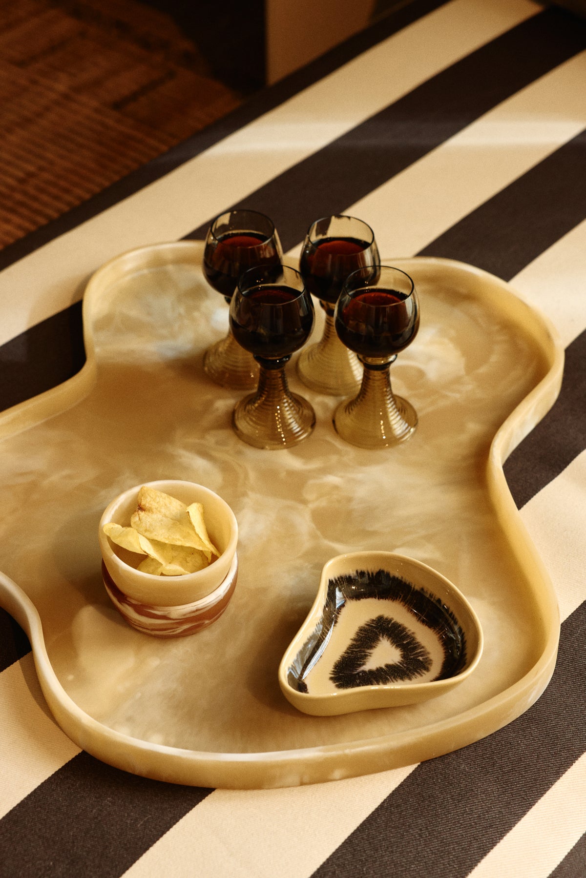 Large HKLIVING Patio tray with glasses and small dishes on a bold striped tablecloth