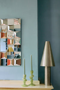 HKLIVING metal cone table lamp styled on a mantelpiece beside a faceted mirror and glass candlesticks