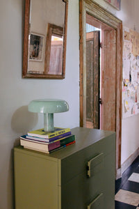 HKLIVING mint mushroom table lamp on a green chest of drawers beside a vintage mirror and weathered doorway