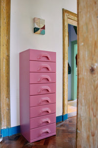 Multicolour abstract Pocket Exhibit wall art panel by HKLIVING, in blush, cream, burgundy and teal tones, displayed on a wall above a pink chest of drawers
