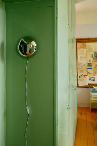 HKLIVING polished chrome orb wall lamp mounted on a green wall beside an open doorway