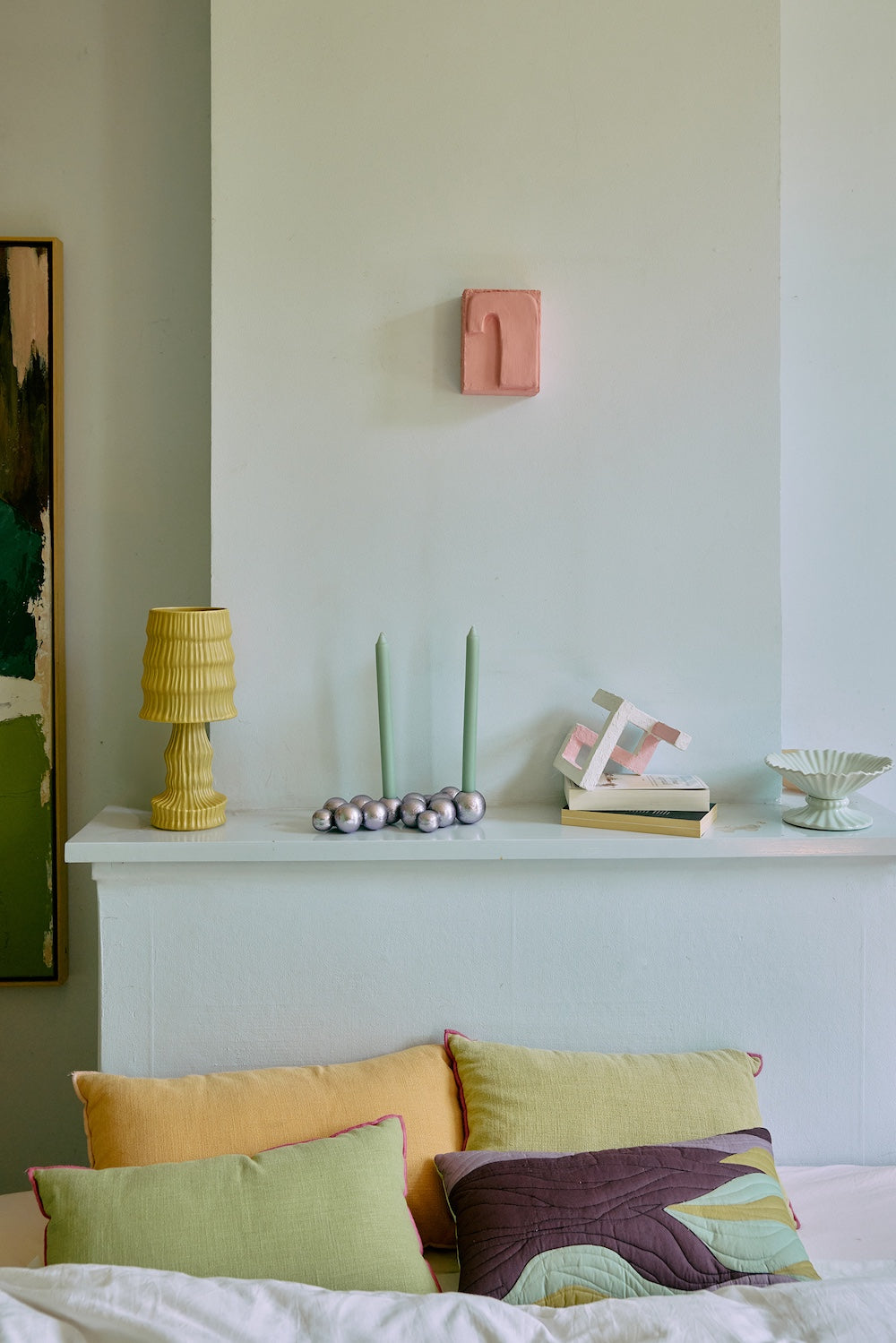 HKLIVING ochre ribbed ceramic table lamp styled on a mantelpiece with candles, silver baubles and a ceramic dish