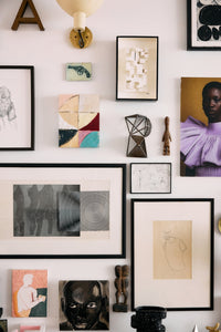 The Pocket Exhibit: Palette wall art panel styled as part of a larger eclectic gallery wall of framed prints, paintings and objects