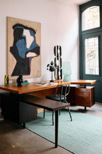 Mind Map wall art by Gabriella Ferrero for HKLIVING displayed above a wooden desk with sculptural objects