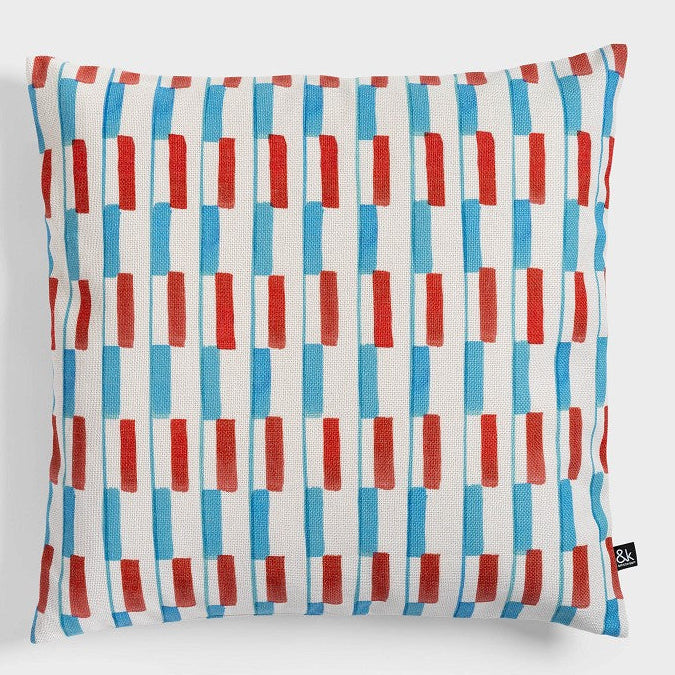 square multicolour cushion clash 50×50 by &k Amsterdam with red and blue pattern
