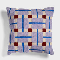 50x50 hand-tufted geometric cushion by &k in lilac and red on cream base
