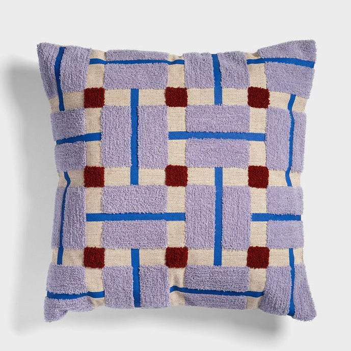 50x50 hand-tufted geometric cushion by &k in lilac and red on cream base
