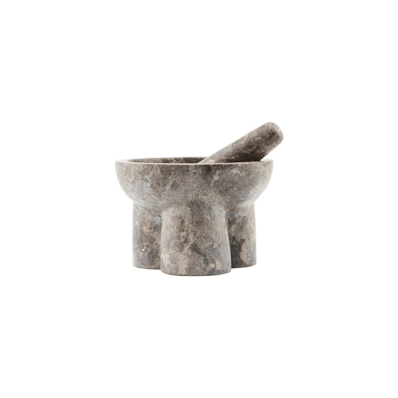 House Doctor Kulti mortar and pestle in grey and brown marble on a white background, showing its sculptural four-legged base
